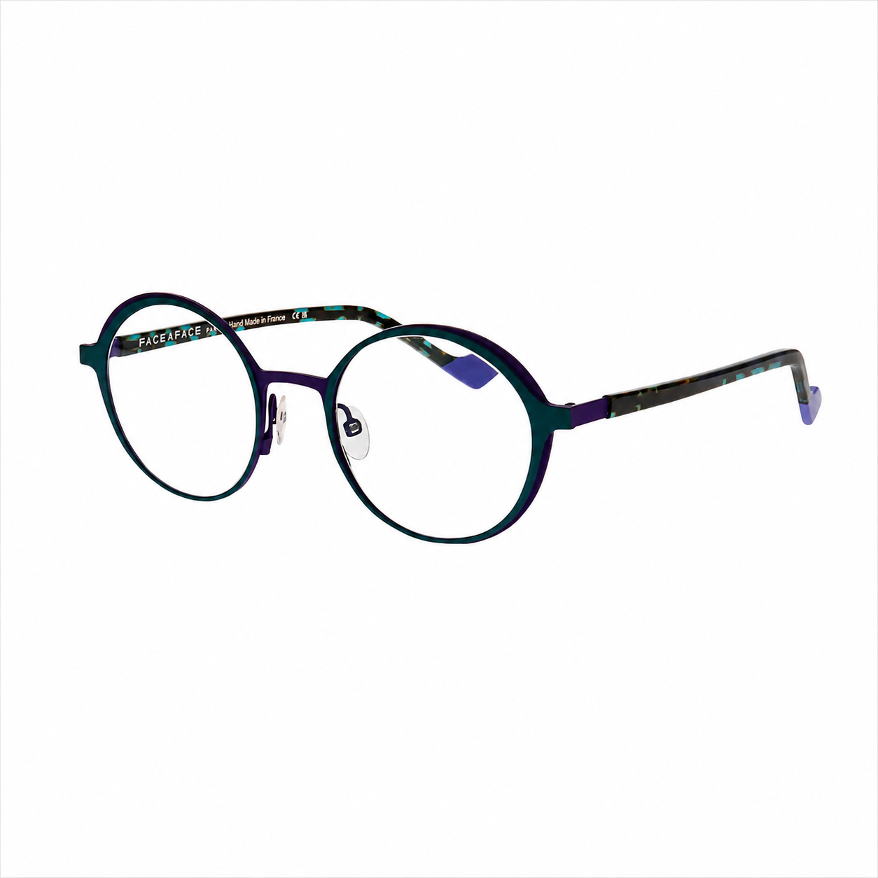 Face A Face Nendo 1 Col.9134 — three-quarter view, teal and purple