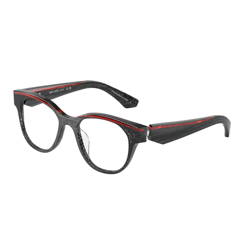 Alain Mikli AO3520 Colour 001 — dark textured acetate round eyeglasses with red accent stripe
