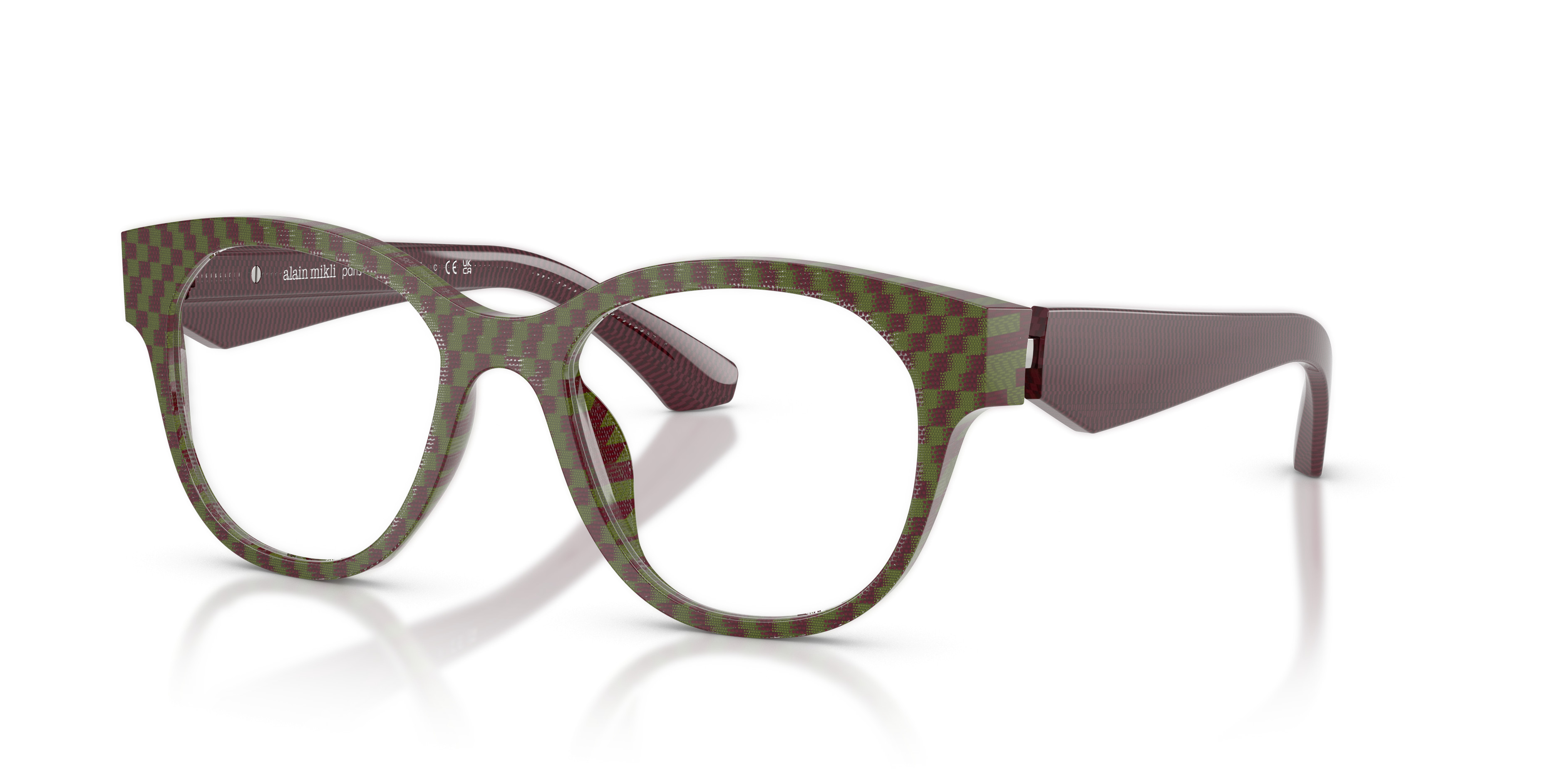 Alain Mikli AO3526 Colour 006 — green and burgundy checkerboard acetate cat-eye eyeglasses