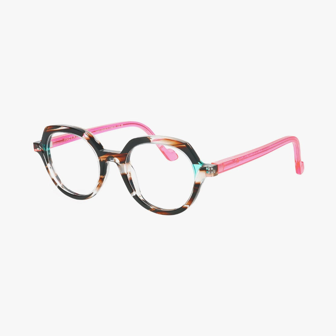 Face A Face Orborn 1 Col.4861 — three-quarter view showing teal hinge accents and hot pink temples