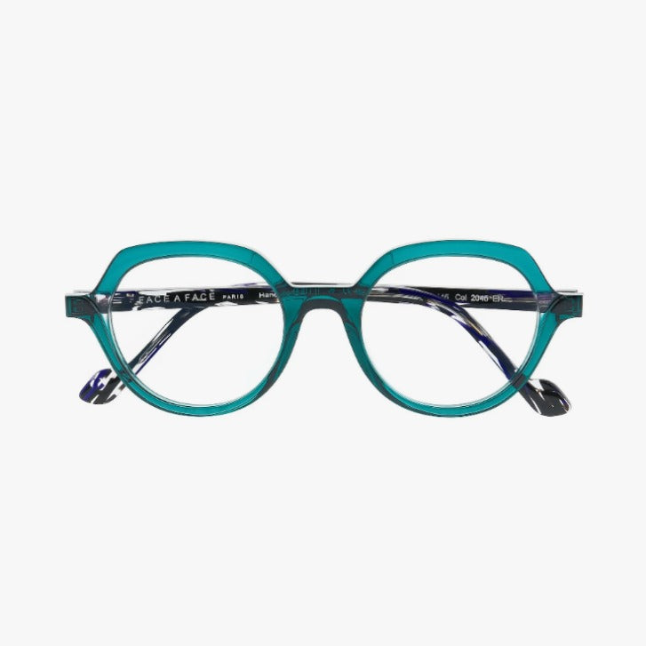 Face A Face Orborn 1 Col.2045 — front view, geometric teal hexagonal frame with navy marbled temples