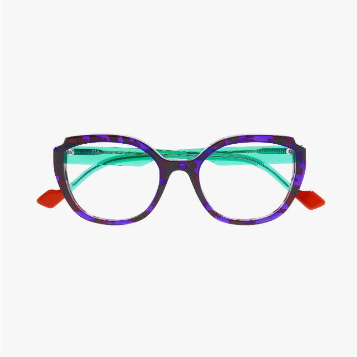 Face A Face Nooks 1 Col.3184 — front view, purple tortoise geometric cat-eye with mint temples
