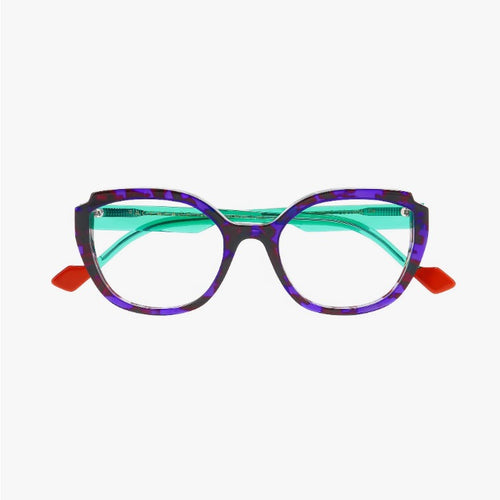 Face A Face Nooks 1 Col.3184 — front view, purple tortoise geometric cat-eye with mint temples