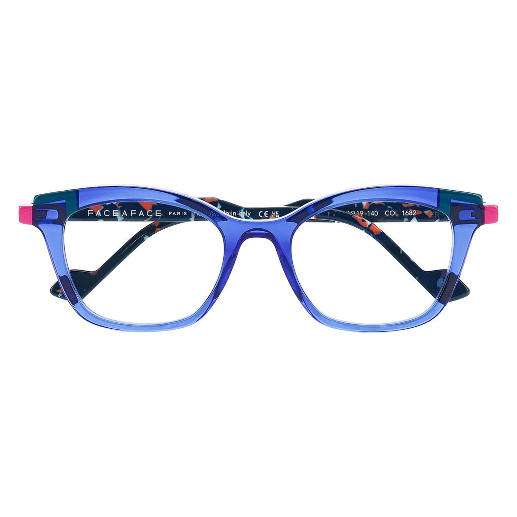 Face A Face Glimps 3 Col.1682 — three-quarter view, electric blue frame with teal and pink hinge accents