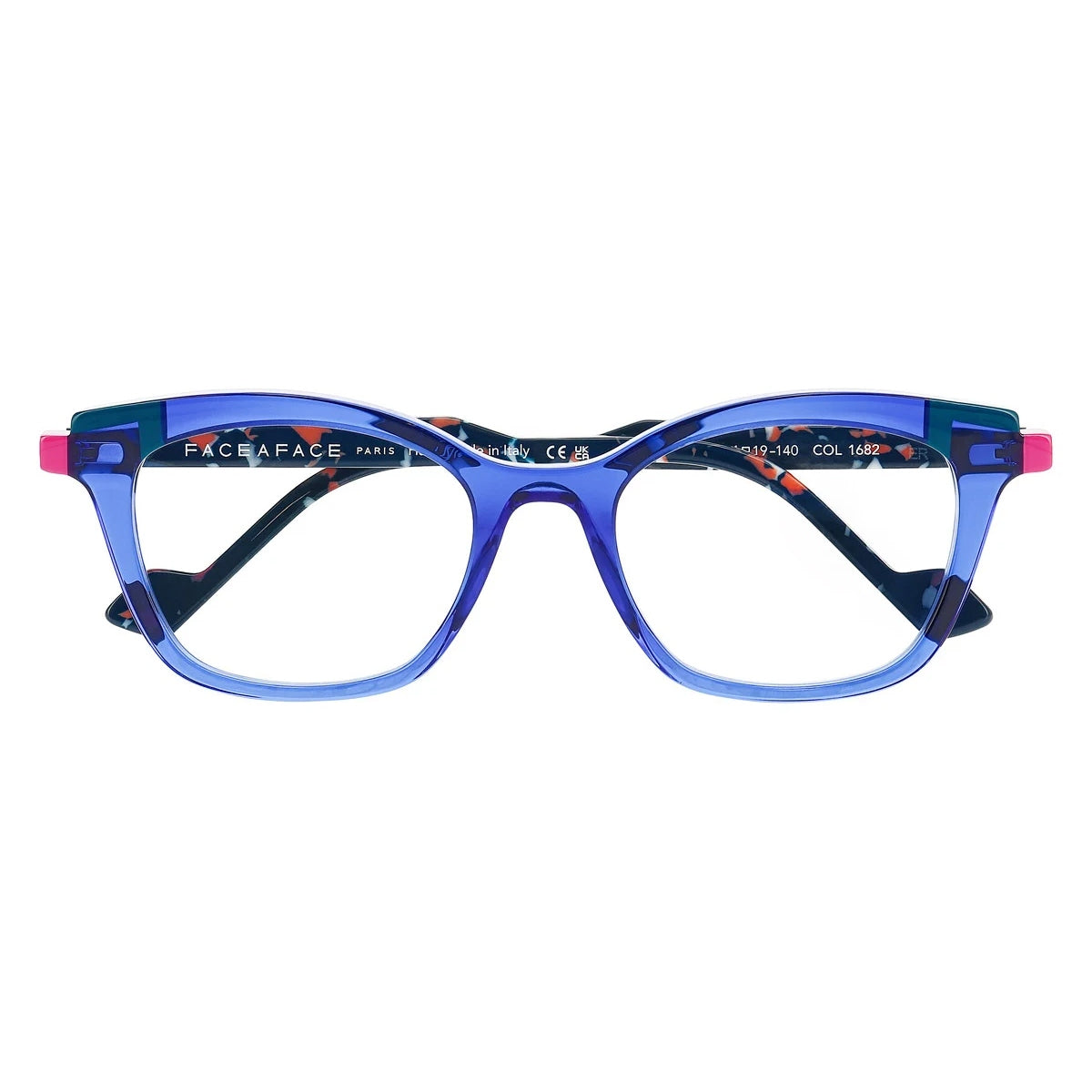 Face A Face Glimps 3 Col.1682 — three-quarter view, electric blue frame with teal and pink hinge accents