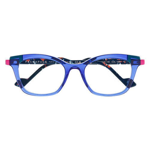 Face A Face Glimps 3 Col.1682 — three-quarter view, electric blue frame with teal and pink hinge accents
