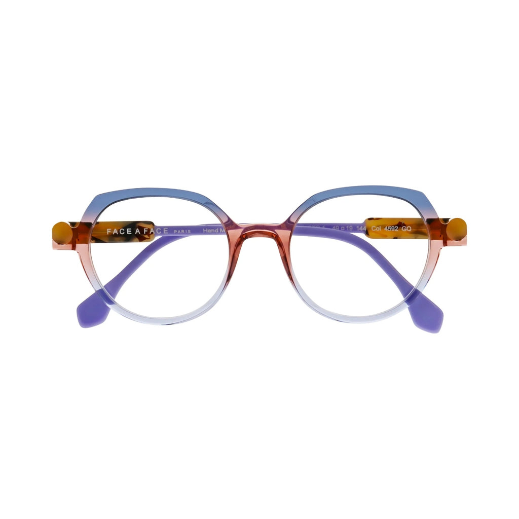 Face A Face Kyoto 1 Col.4592 — three-quarter view showing amber tortoise hinge accents and lavender temples
