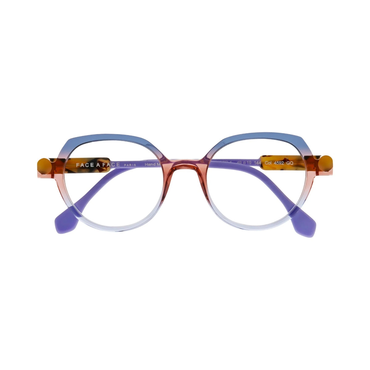 Face A Face Kyoto 1 Col.4592 — three-quarter view showing amber tortoise hinge accents and lavender temples
