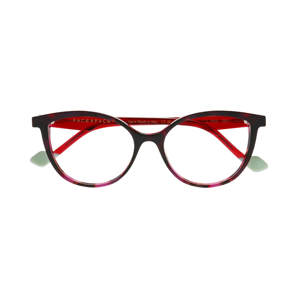 Face A Face Hanna 2 Col.2703 — front view, burgundy tortoise cat-eye with red temples and mint tips