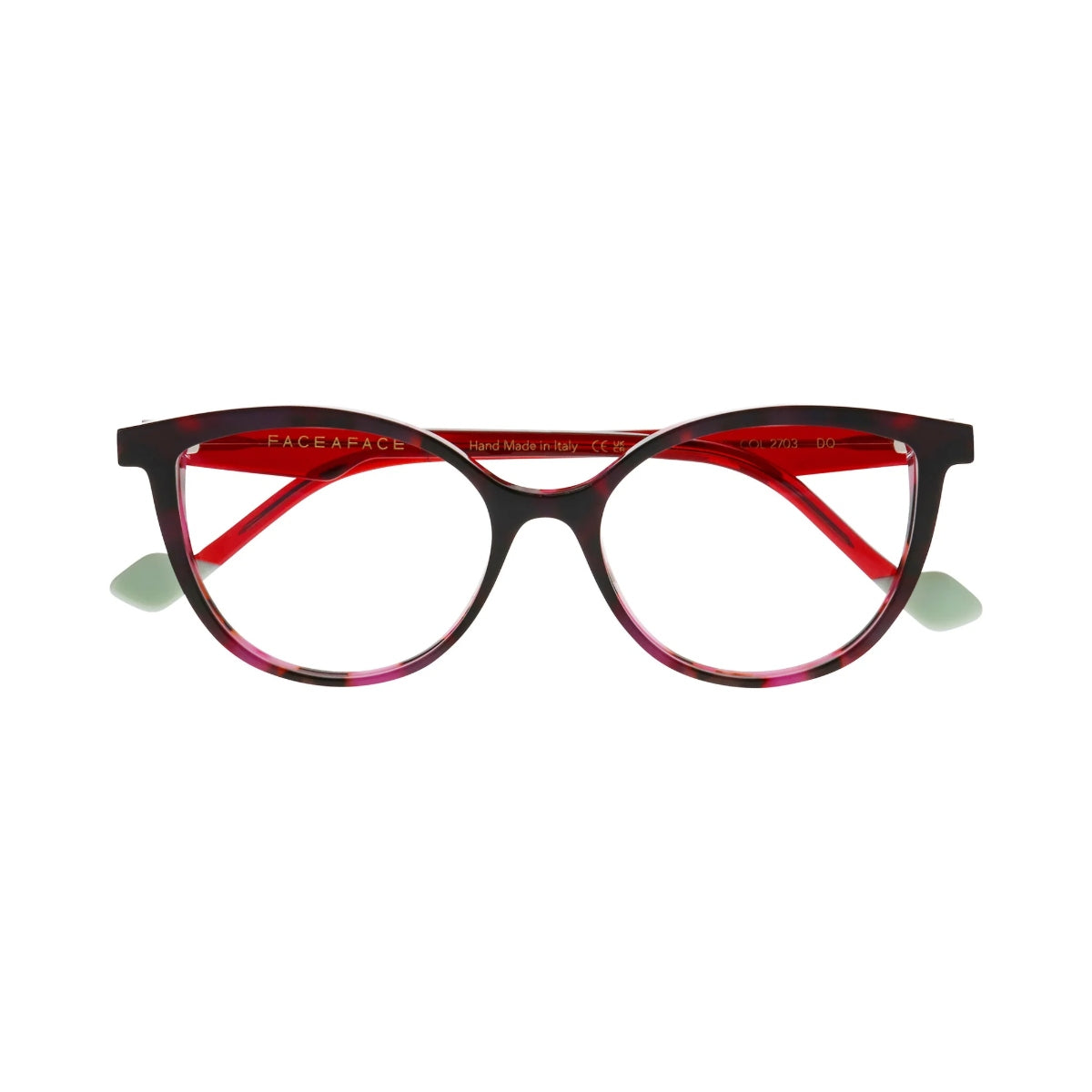 Face A Face Hanna 2 Col.2703 — front view, burgundy tortoise cat-eye with red temples and mint tips