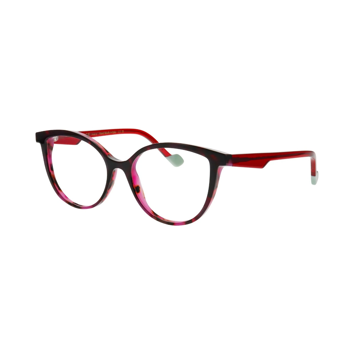 Face A Face Hanna 2 Col.2703 — three-quarter view showing transparent red temples and mint green tips